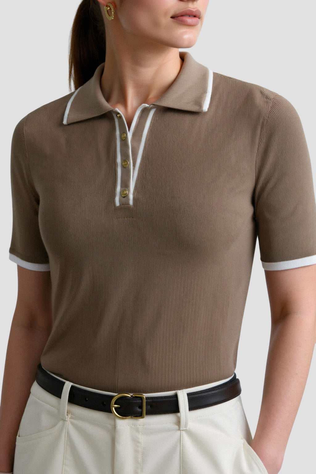 Contrast Elegant Trim Collared Slim Button Up Polo T-Shirt