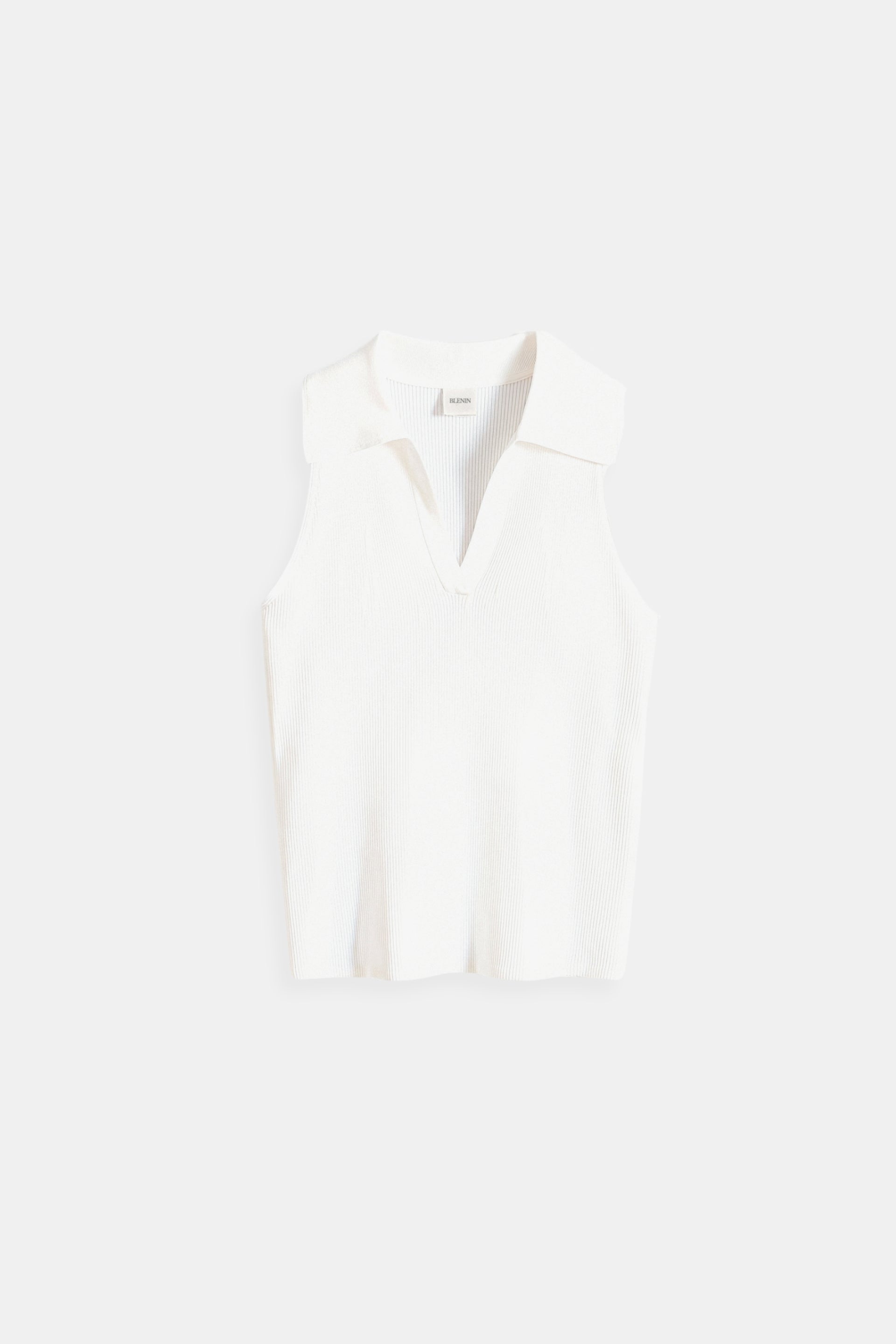 Simple Solid Collared Ribbed Knitted Sleeveless V-neck Top